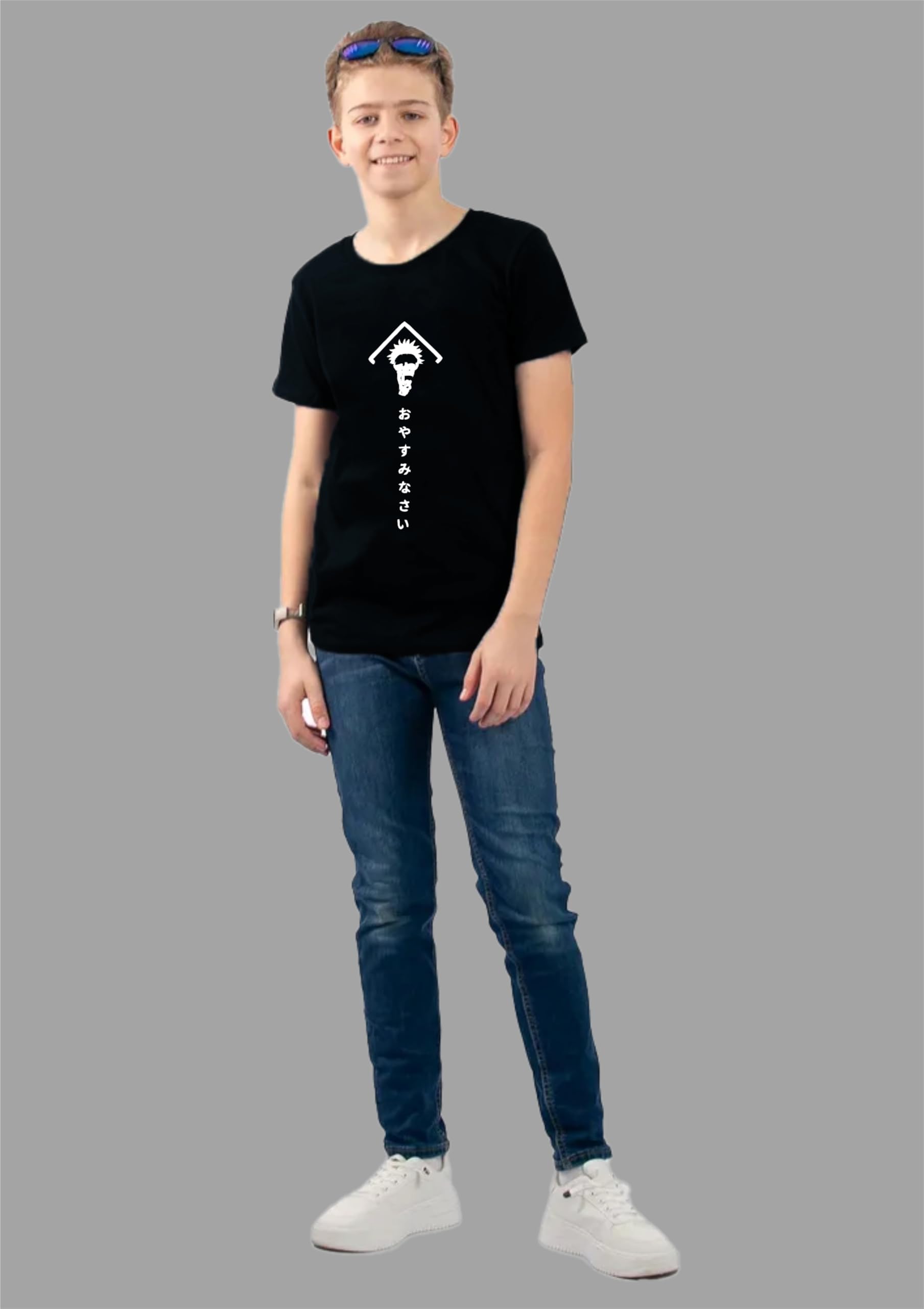 Uniplanet Store T-shirt nera da ragazzo in misto cotone mezza manica vestibilità regolare retro anime jujutsu stampata
