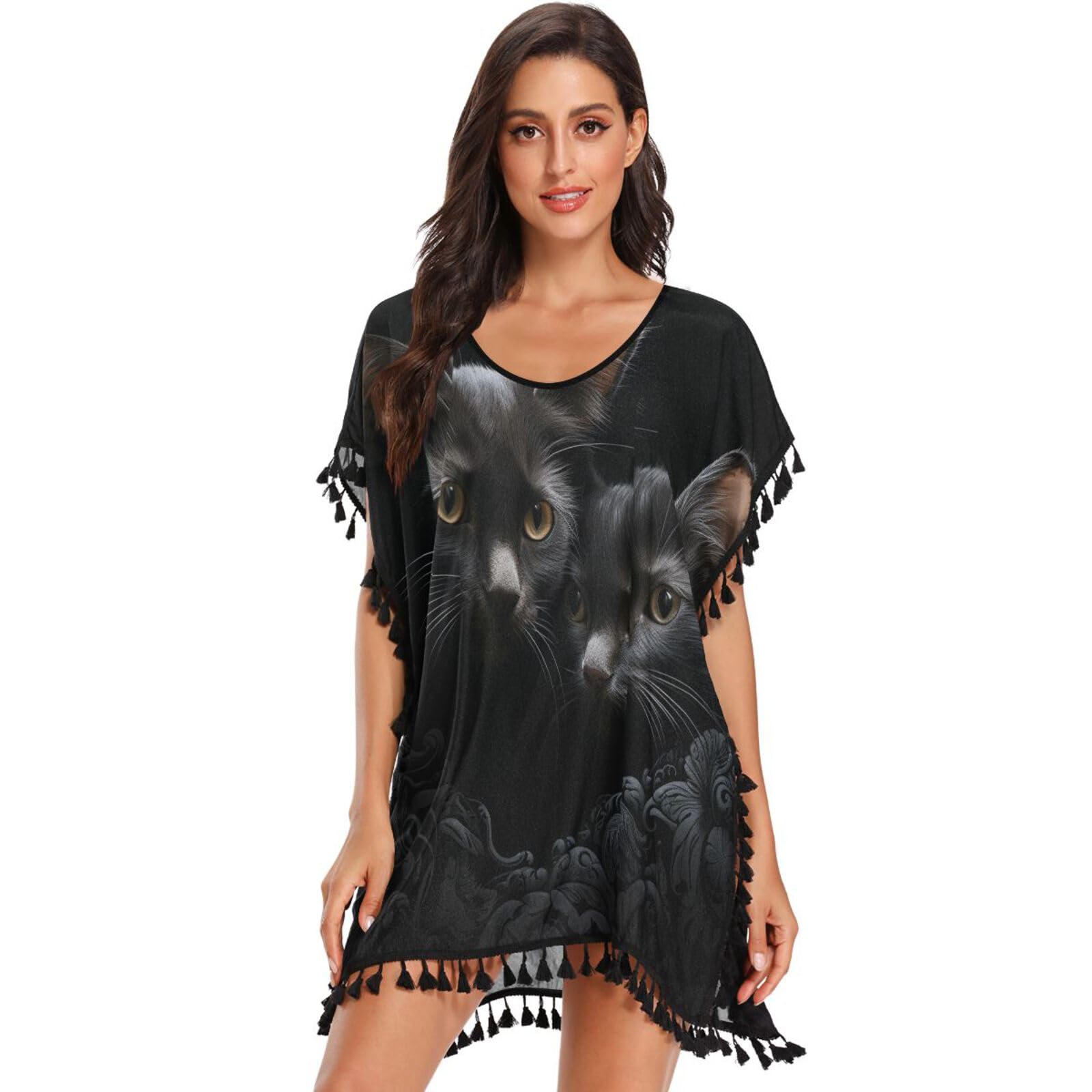 Cool Black Cats Women's Beach Cover Up Chiffon Tassel Swimwear Swimsuit Coverups for Girl