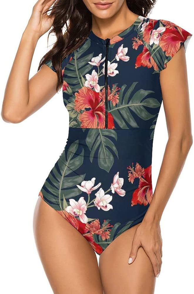 Women Modest One Piece Bathing Suit Short Sleeve Tummy Control Swimsuit Zipper Surfing Athletic Rash Guard