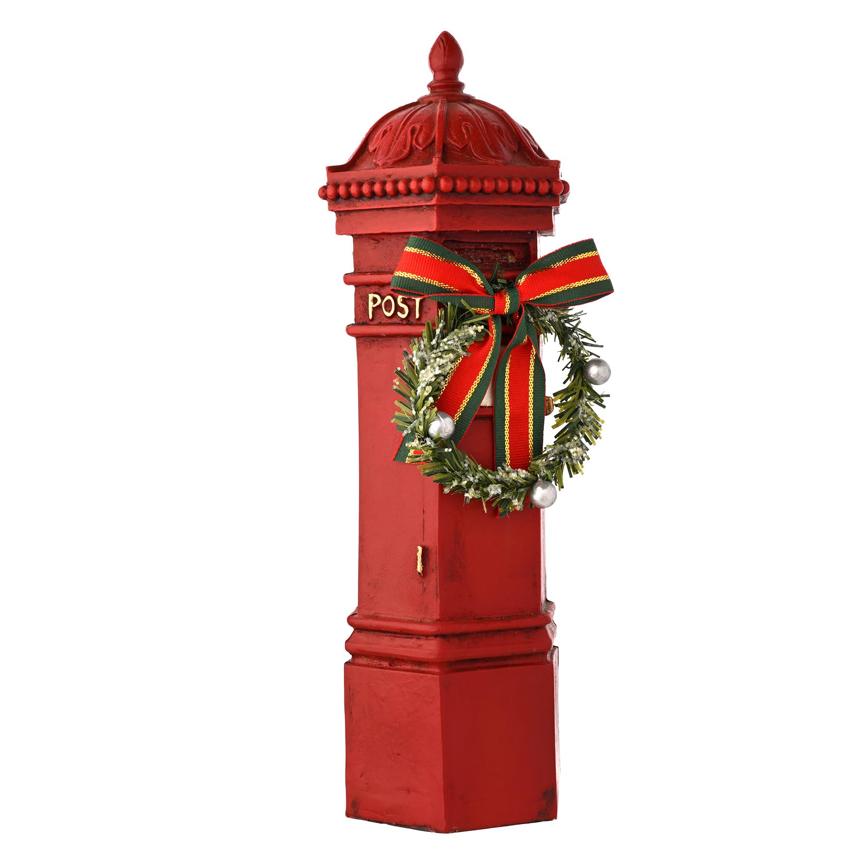 Widdop And Co Red Widdop Regal Tidings Post Box Ornament – Traditional Christmas Postbox Decoration With Wreath & Ribbon – Festive Resin Display Piece