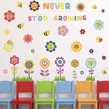 OLMIXA Colorful Spring Garden Flower Wall Decals - Never Stop Growing Inspirational Quote Wall Stickers - Vinyl Positive Spring Floral Wall Decals for Kindergarten Playroom Classroom Decor