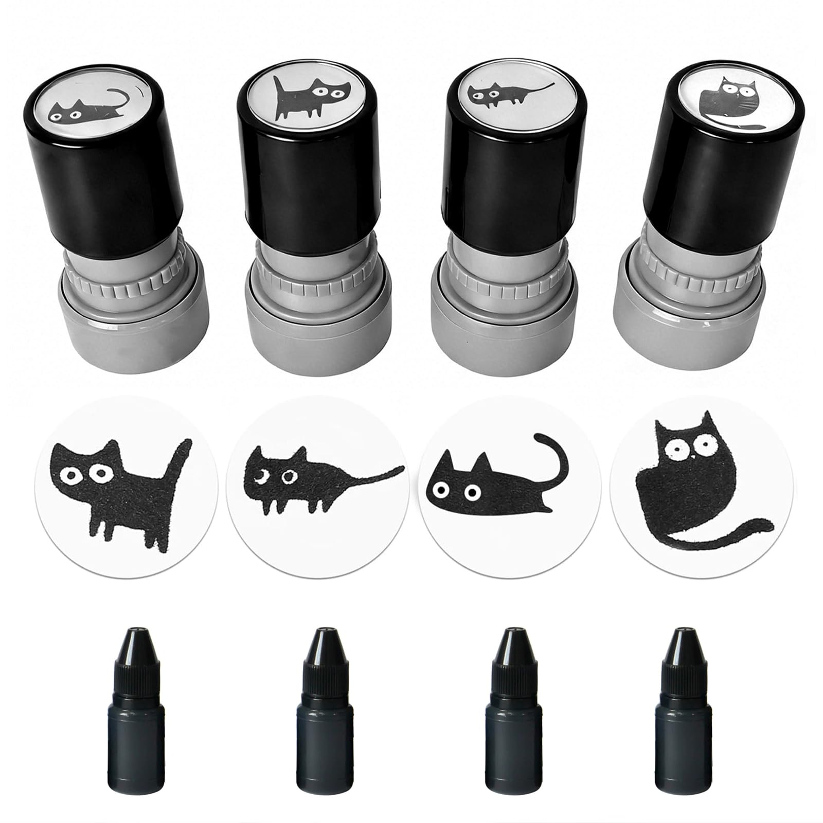 4 pcs Self Inking Teacher Stamps with 4 Bottles of Black Ink Cute Cartoon Cat Teacher Supplies Reward Kids Stamps for Marking Classroom Essentials for Teachers