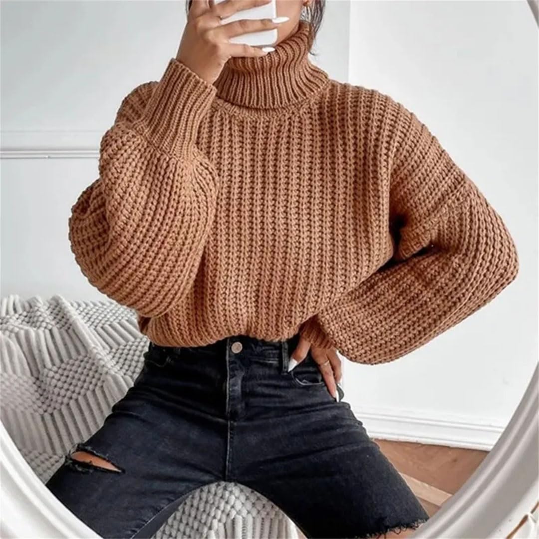 Maglione da donna a collo alto, tinta unita, a maniche lunghe, lavorato a maglia, largo, oversize, maglione
