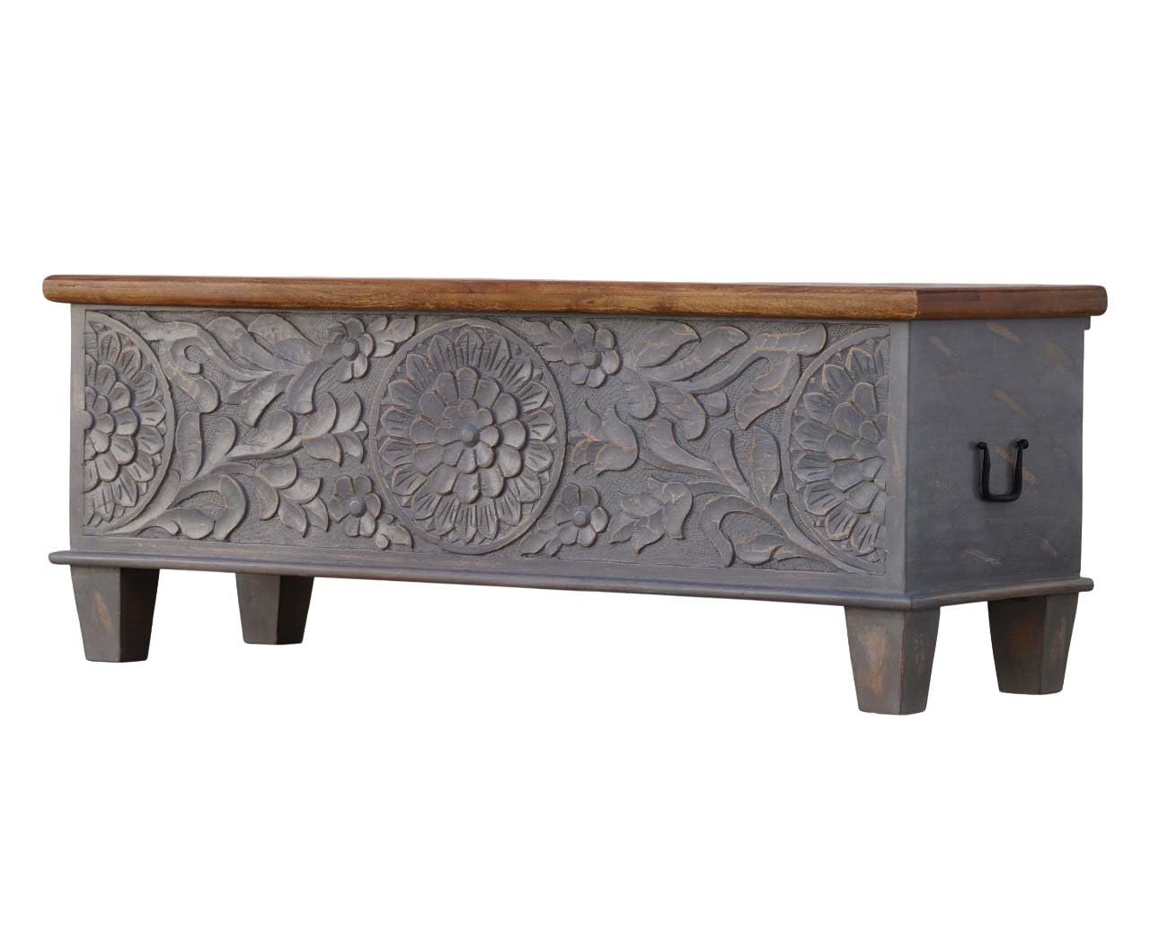 Wooden Carved Trunk with Storage, Wooden Coffee Table for Livingroom, Center Table with Storage, Carved Box, Blanket Box for Bedroom, Storage Chest with Carved Floral Design, Distressed Grey Finish.-image-42