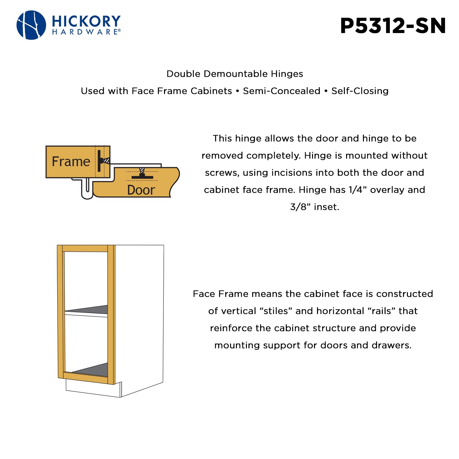 Hickory Hardware P5312-SN Double Demountable Hinge, Satin Nickel by Hickory Hardware, 1/4 Inch overlay, 3/8 Inch inset - Image 3