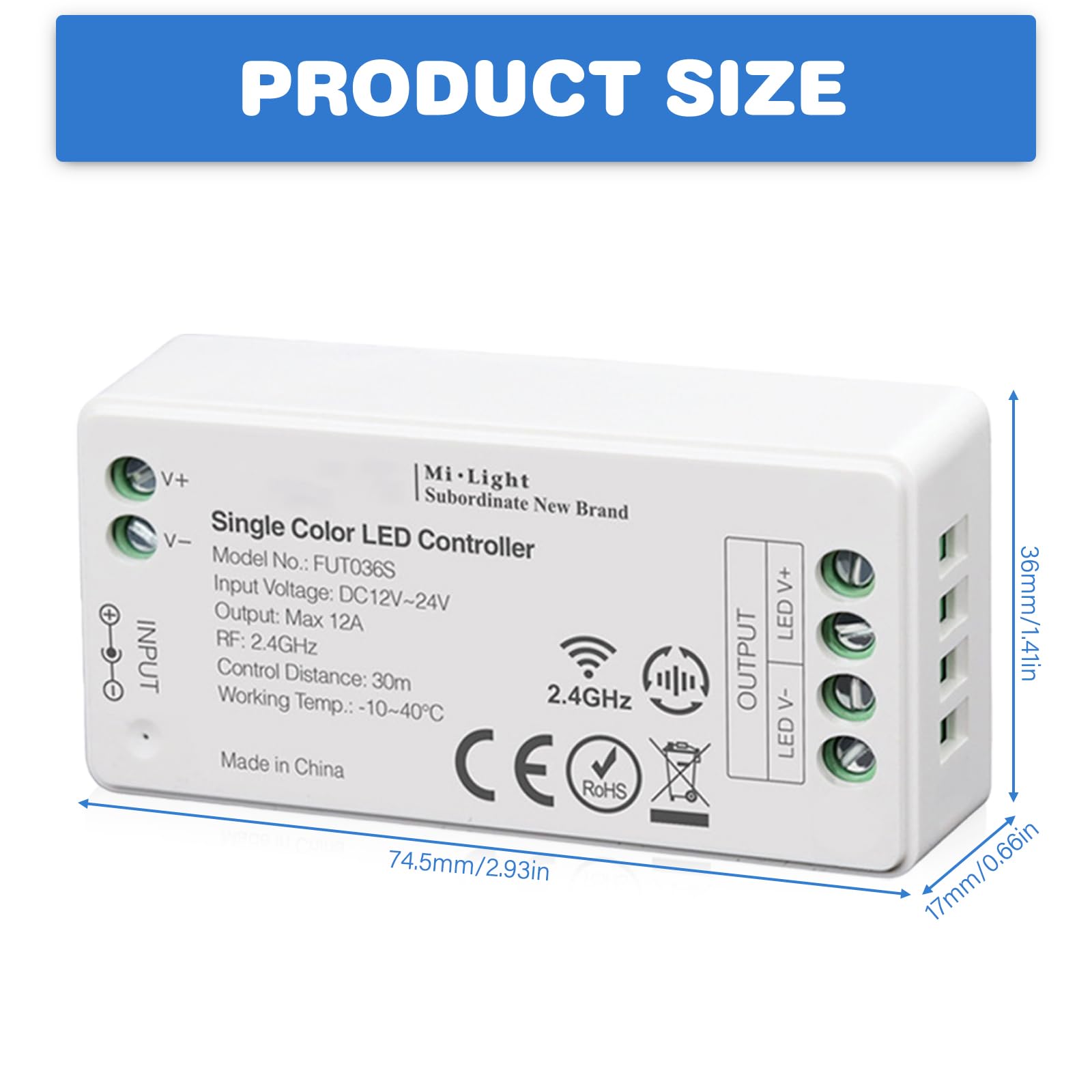 GBKDQQ Kit telecomando Milight Miboxer: 4 x 2,4 GHz, dimmer a tinta unita LED con 1 telecomando wireless RF a 4 zone, uscita DC12 V/24 V, max. 12 A (4 x FUT036S + FUT007)