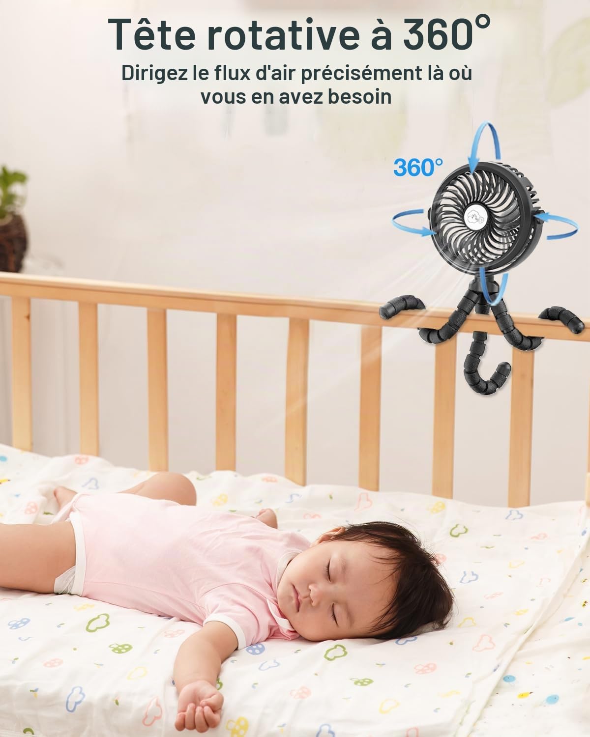 Ventilateur USB 5200mAh rechargeable, 3 vitesses & 360° ajustable 24 heures