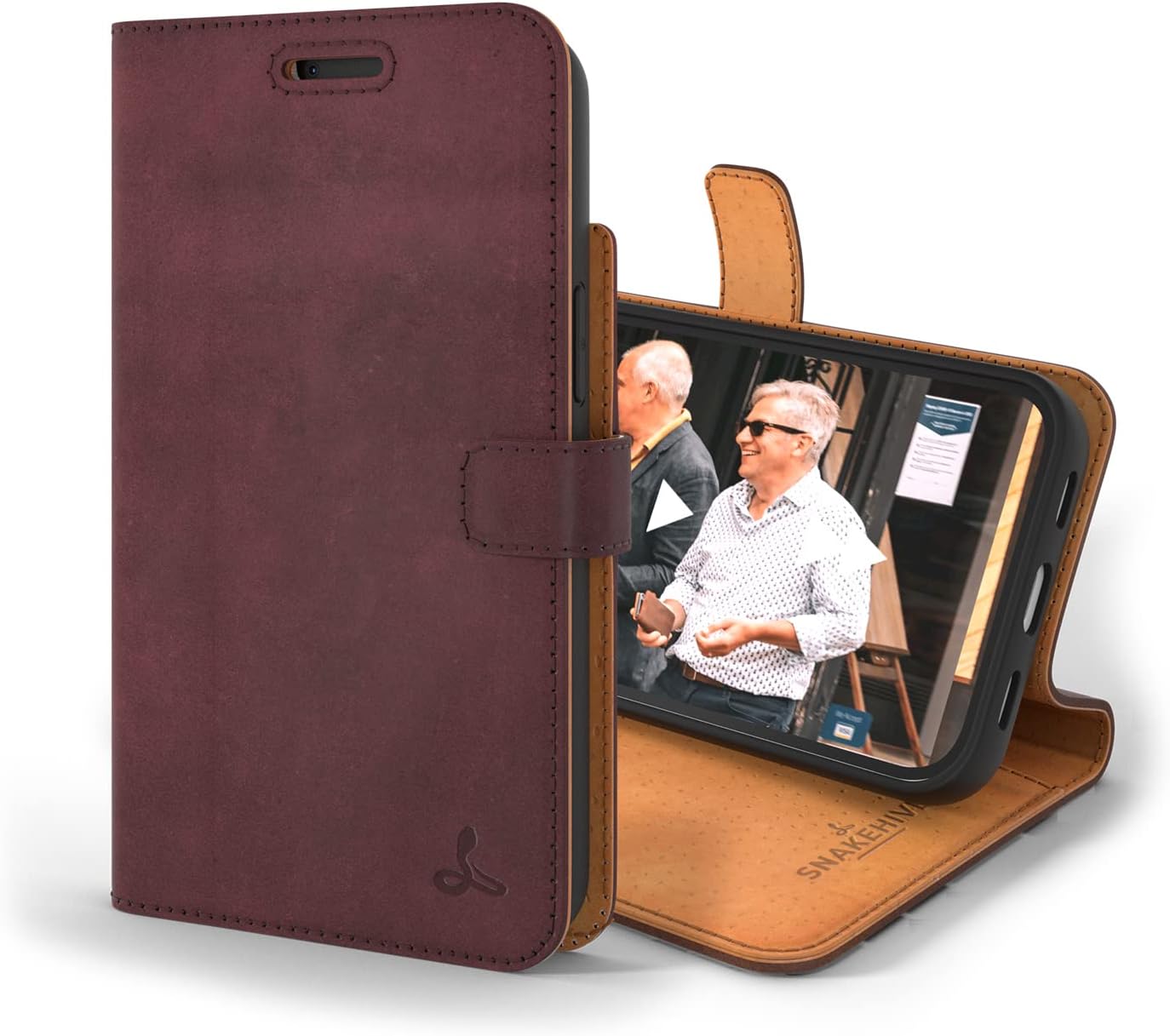 Snakehive iPhone 13 Leather Case | Genuine Leather Wallet Phone Case with Card Holder | Flip Folio Case/Cover with Stand | Compatible with iPhone 13 | (Plum)