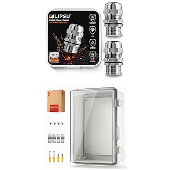2pcs 1/2" NPT 304 Stainless Steel Cable Glands & 1pcs 11.4"x7.5"x5.5" PC/ABS Plastic Waterproof Junction Box Clear Door