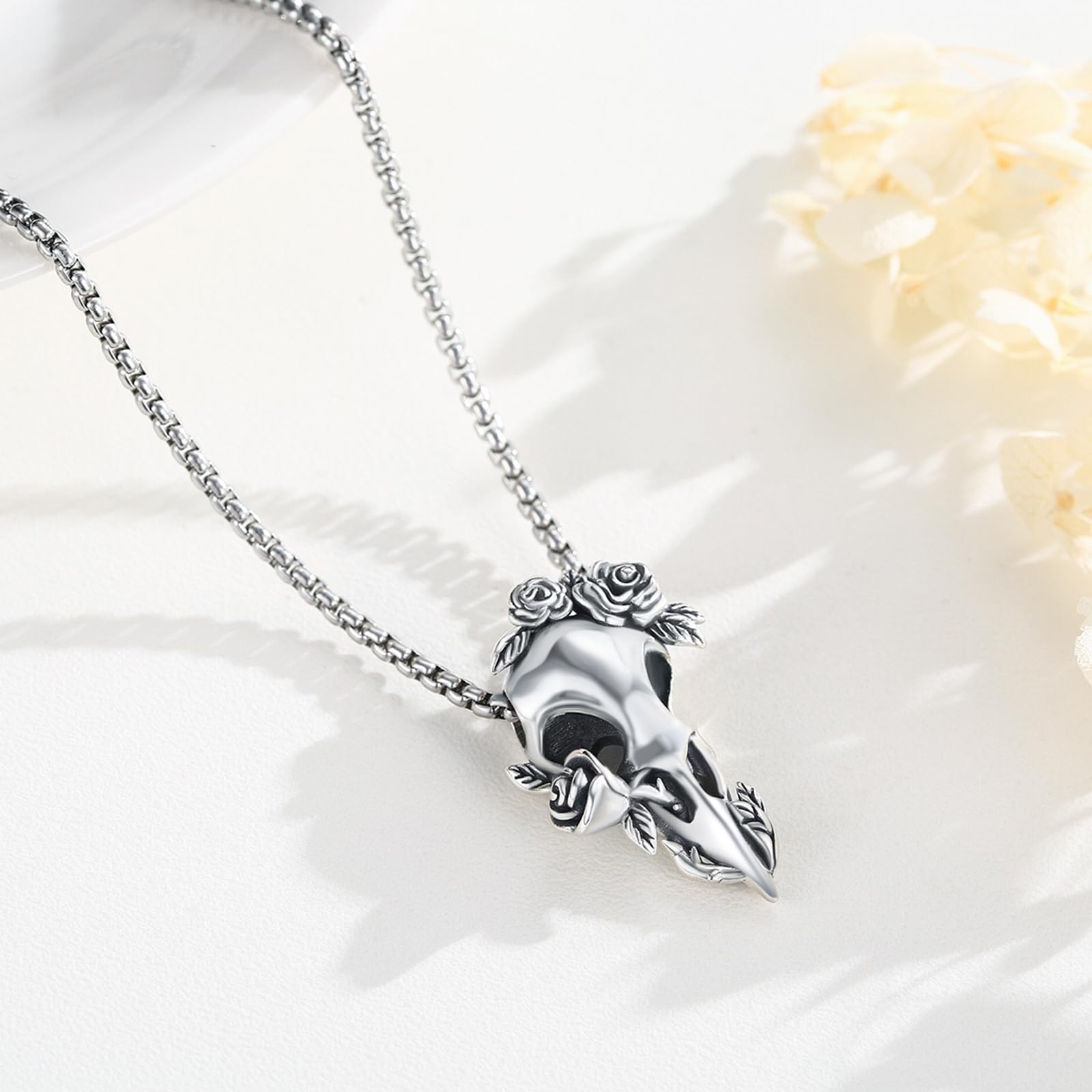 Raben Schädel Halskette 925 Sterling Silber Wikinger Raven Kette Punk Wikinger Vogelschädel Halskette Schmuck für Herren Männer Damen