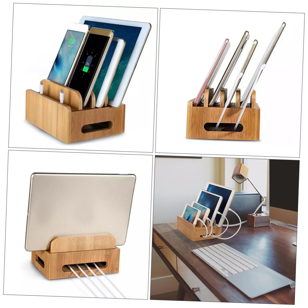 GALPADA Stazione Ricarica in Legno con Organizer USB per Cellulari e Tablet Supporto Scrivania Multi Scomparto per Dispositivi Elettronici Base Salvaspazio per e Caricabatterie Cellulari