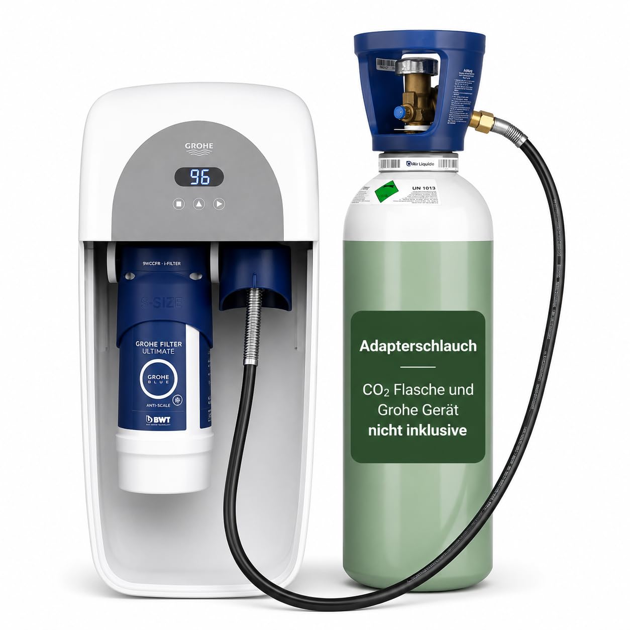 Neues Wasser Group Wąż wysokociśnieniowy Premium CO2 do Grohe Blue Home & SodaStream Crystal | kompatybilny z dużymi butelkami CO2 wielokrotnego użytku 2 kg | oszczędza do 80% kosztów CO2 |