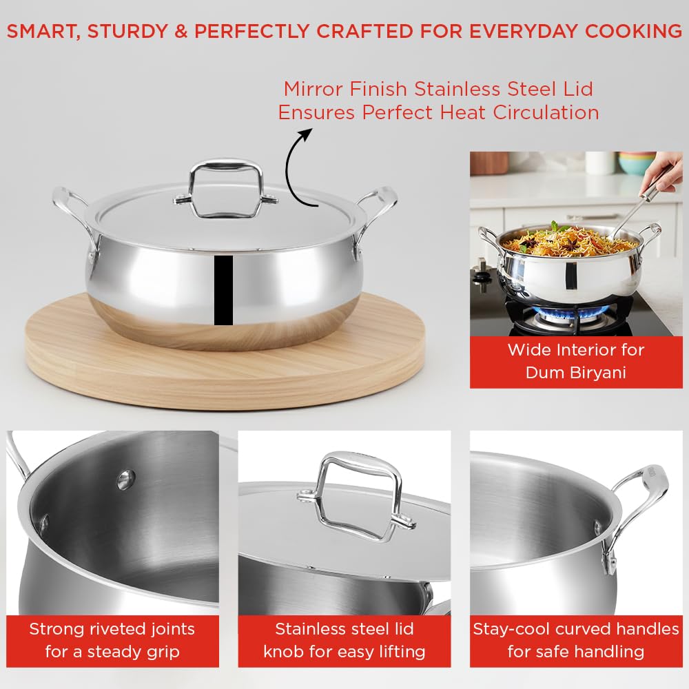 Vinod Platinum Chef’s Lagan Pot 28 cm - 7 Litre | Triply Stainless Steel Biryani Pot Heavy Bottom | Shallow Lagan Handi for Cooking Biryani | Healthy Triply Cookware, Induction Friendly, with Lid — Amazon image 5