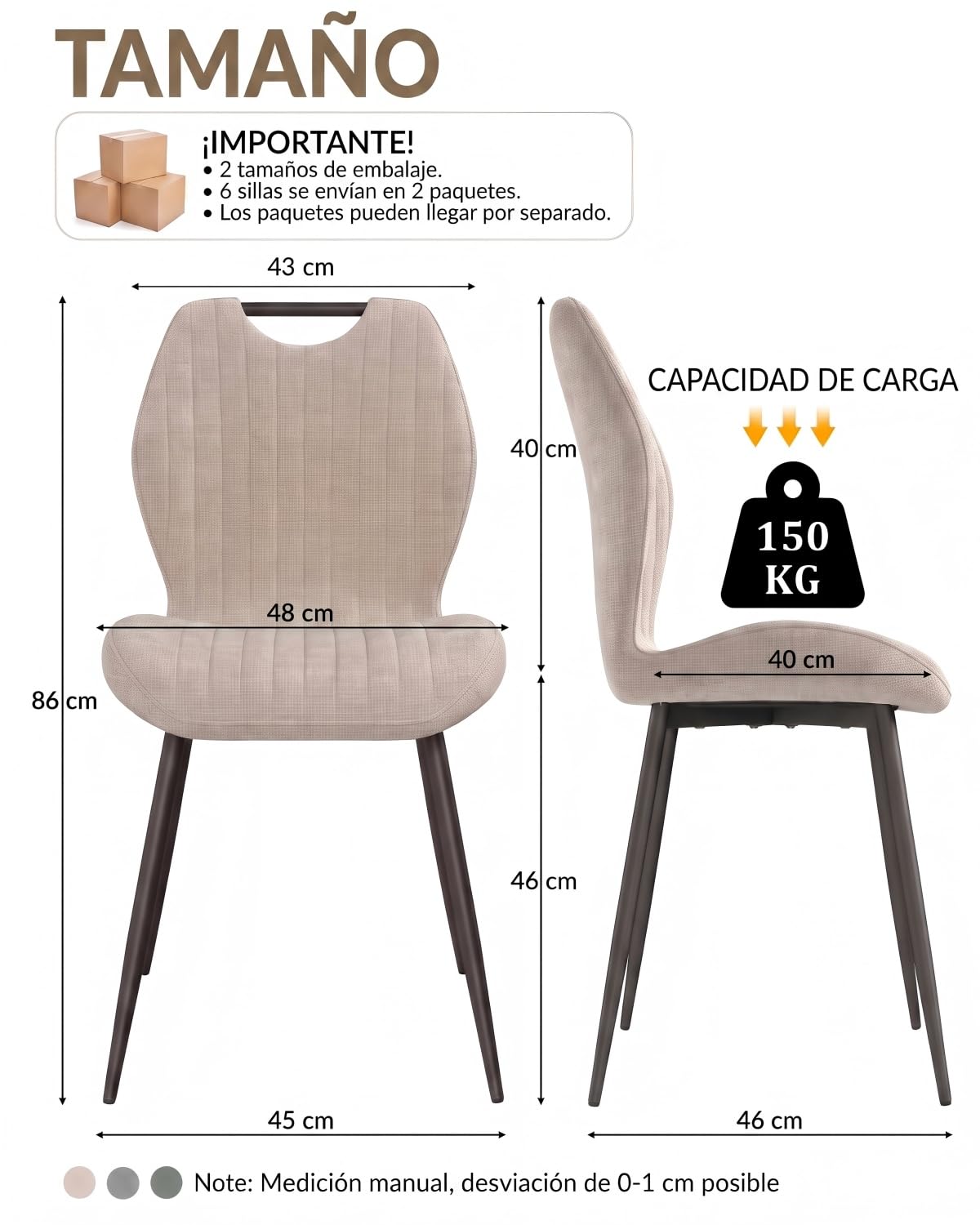 JIJIAN Sillas de Comedor Pack de 6 en Tela de Lino Marrón Claro | Sillas de Cocina, Sillas de Salón, Sillas Tapizadas, Patas de Metal, para Comedor, Cocina y Restaurante