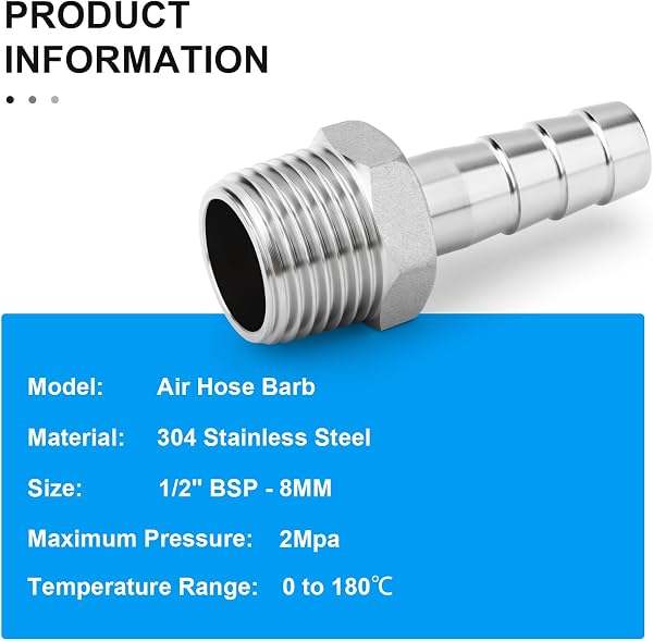 10 piezas de acero inoxidable 304 8 mm OD Barb a 1/2 "BSP barb de manguera macho, el agua de compresión de accesorios, industrial - 3