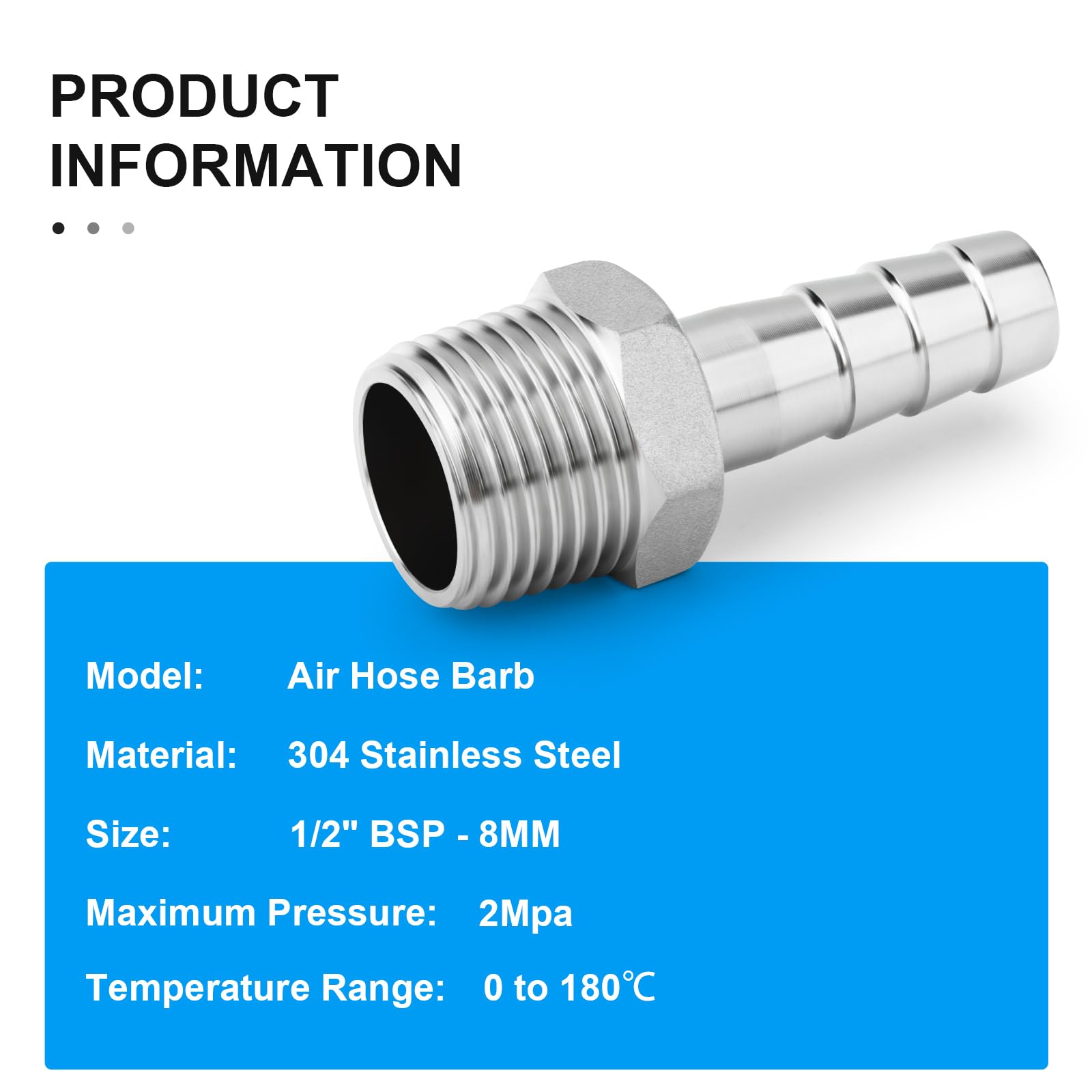 10 piezas de acero inoxidable 304 8 mm OD Barb a 1/2 "BSP barb de manguera macho, el agua de compresión de accesorios, industrial - 4