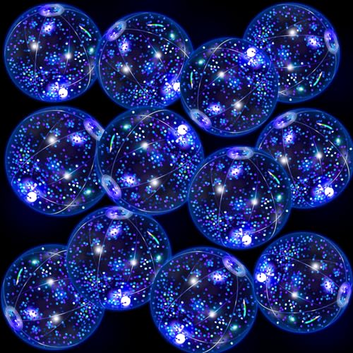 Vertintong 12 Pack 12 Inch Glow in The Dark LED Beach Ball Jumbo Confetti Glitters Inflatable Ball Swimming Pool Game for Party Pool Summer(Blue)