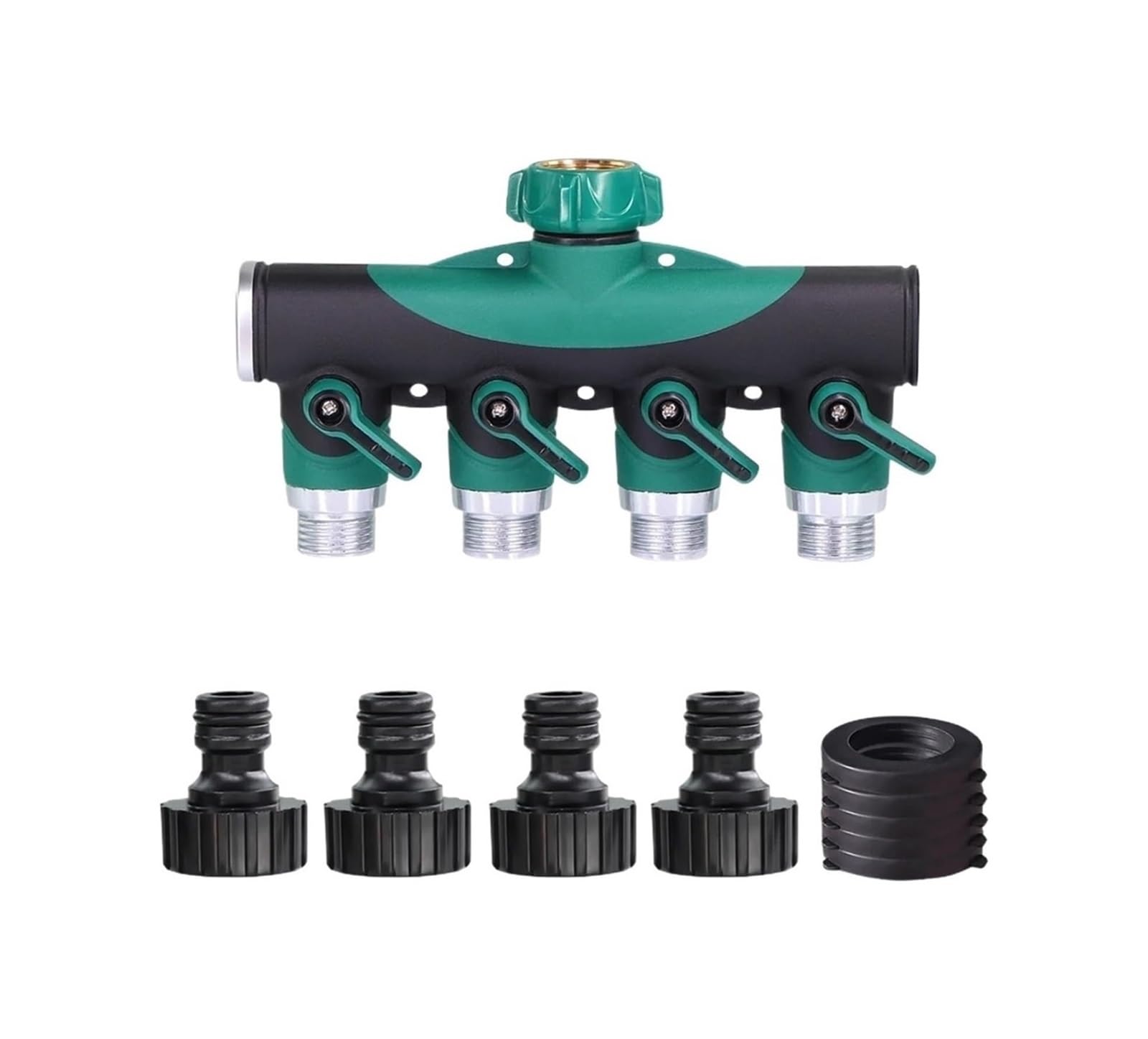 Faucet Hose Splitter, Metal 4 Way Hose Water Tap Splitter with Shut Off s 3/4 inch Green(Green)