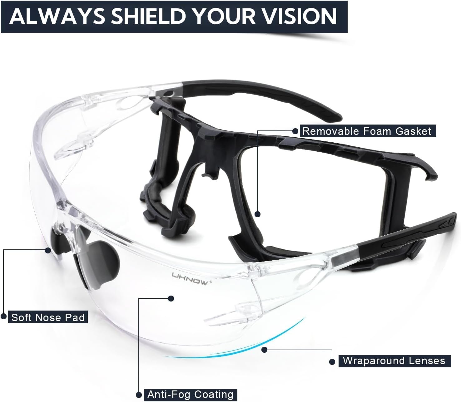 UKNOW Safety Glasses - Anti Fog Wraparound Lenses - Removable Foam Gasket - ANSI Z87.1 Protective Eyewear - Impact Resistant - Image 6