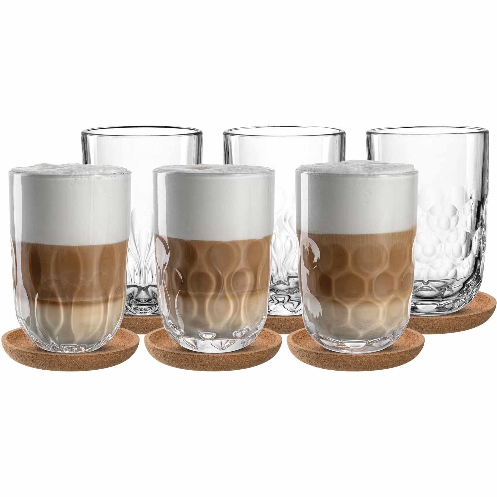 LEONARDO HOME GOCCE Latte Macchiato-Set 12-teilig, 220 ml, 6 Korkuntersetzer & 6 Latte Macchiato-Gläser für Siebträger, Spülmaschinengeeignet, Mit Tropfenstruktur, Transparent