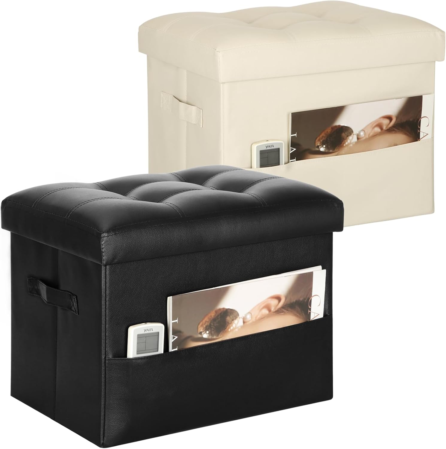 Storage Ottoman Foot Rest Stool with Thicker Foam Padded Seat. Foldable Leather Footstool Bench. Small Ottoman with Storage for Living Room Bedroom Coffee Table 350 lbs, 17x13x13in, Black & Beige