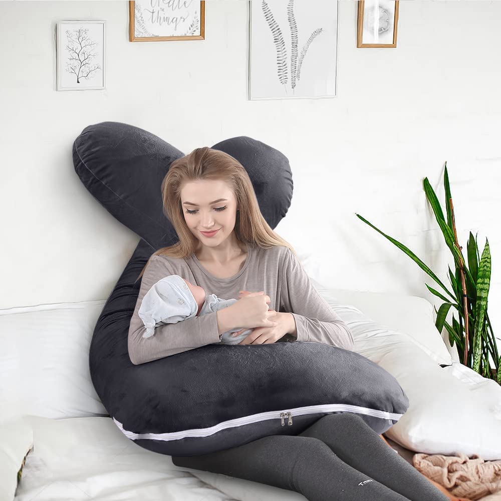 FANSU Coussin de Grossesse en Forme de U, Confort Coussin d'allaitement Doux Oreiller de Grossesse pour Maintenir Hanches, Votre Dos, Jambes et Ventre (150x80cm,Bleu-Gris)