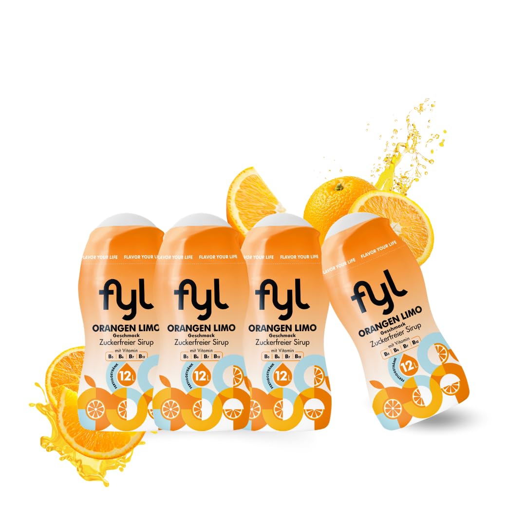 fyl Sirup zuckerfrei – 4 x 48ml, 192ml Getränkesirup für 48L Fertiggetränk – perfekter Durstlöscher für zu Hause und Unterwegs, Vitaminreich (Orangen Limo)