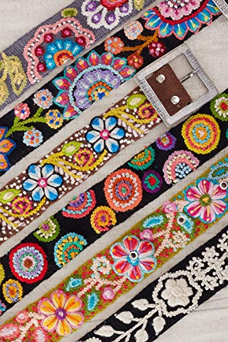 Tey-Art Beatrix Hand Embroidered Fair Trade Wool Belt (S, Charcoal) #TOP2