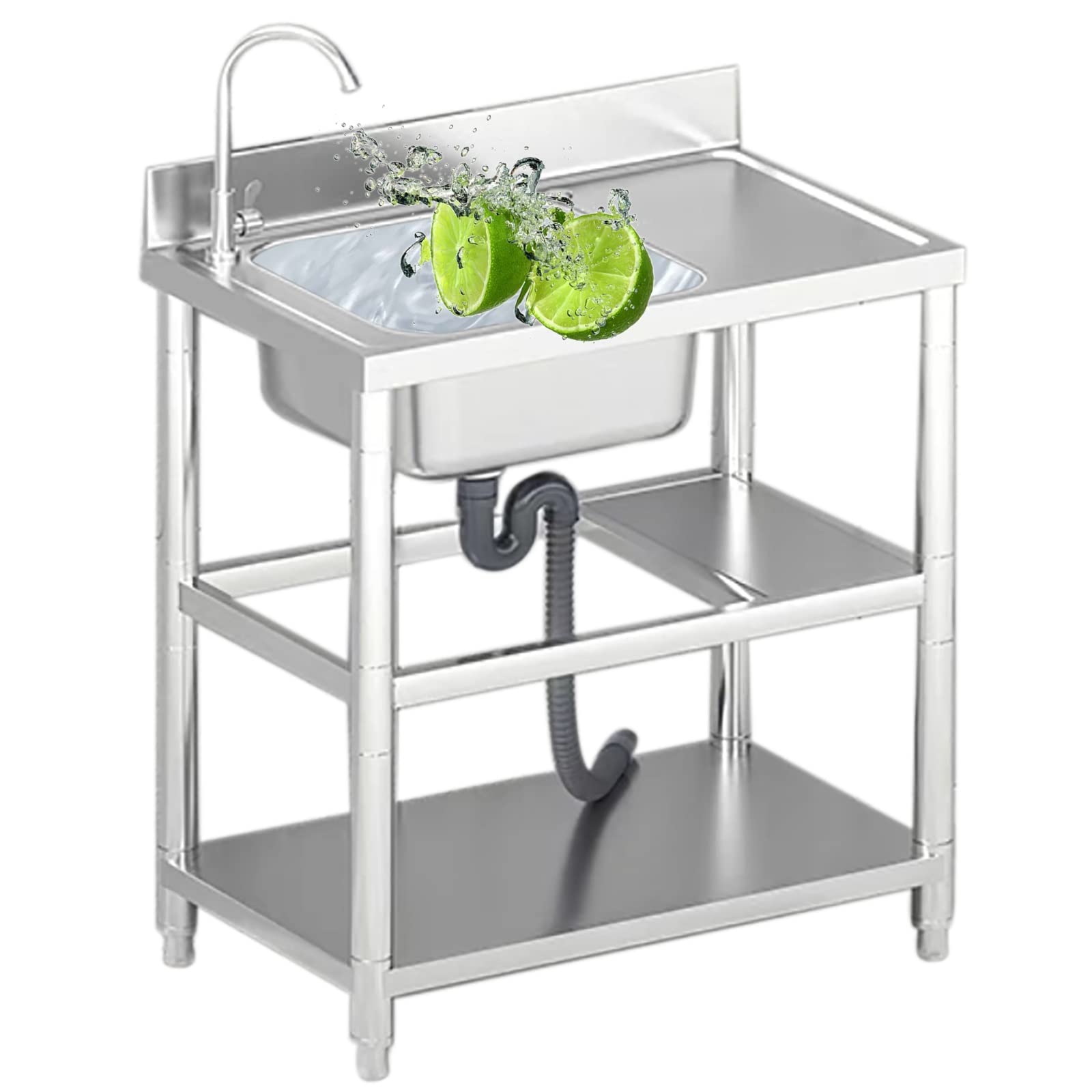 Évier sur Pied Simple en Acier Inoxydable avec Robinet combiné avec crépine évier Portable pour Laver la Vaisselle pour Restaurant, buanderie, Jardin, Cuisine extérieure (Chaud et Froid Gauche 80 x 5