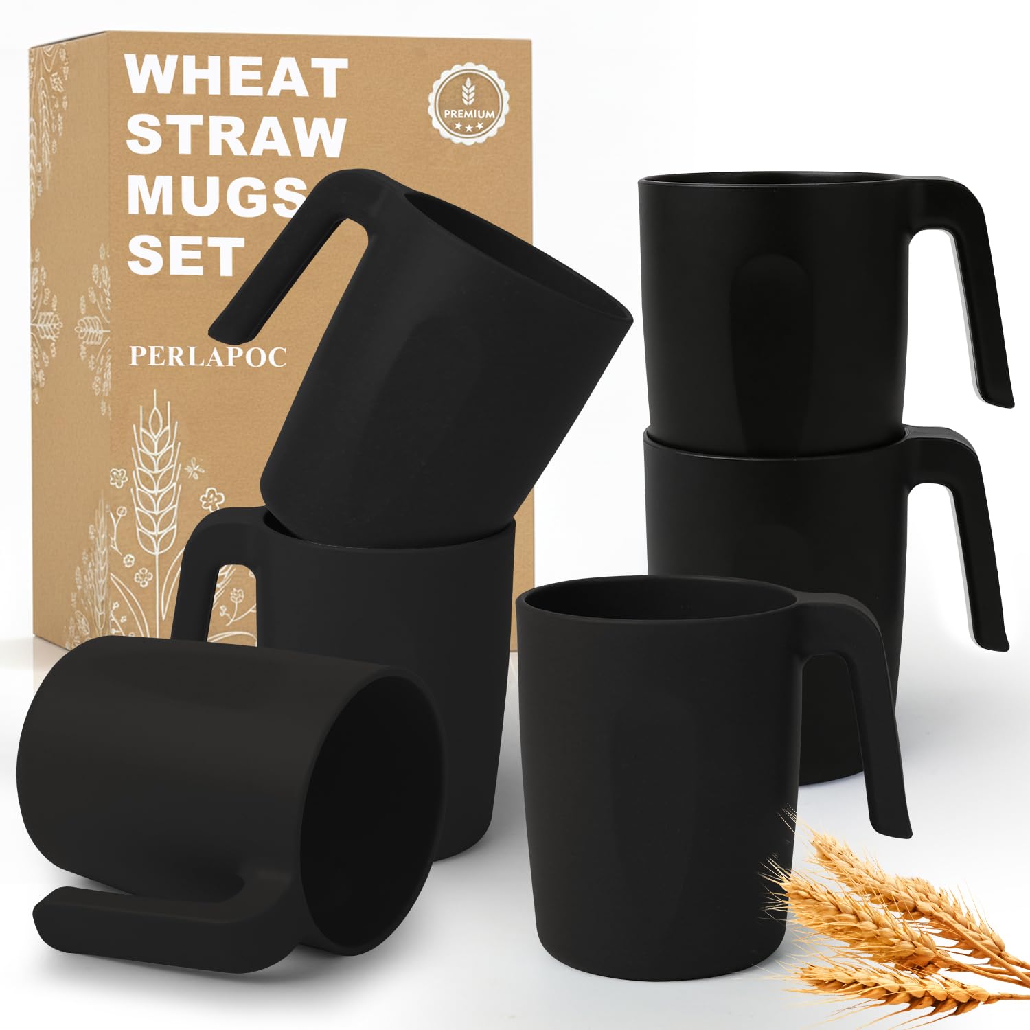 16OZ Wheat Coffee Mugs, Unbreakable Black Cup with Handle Set of 6