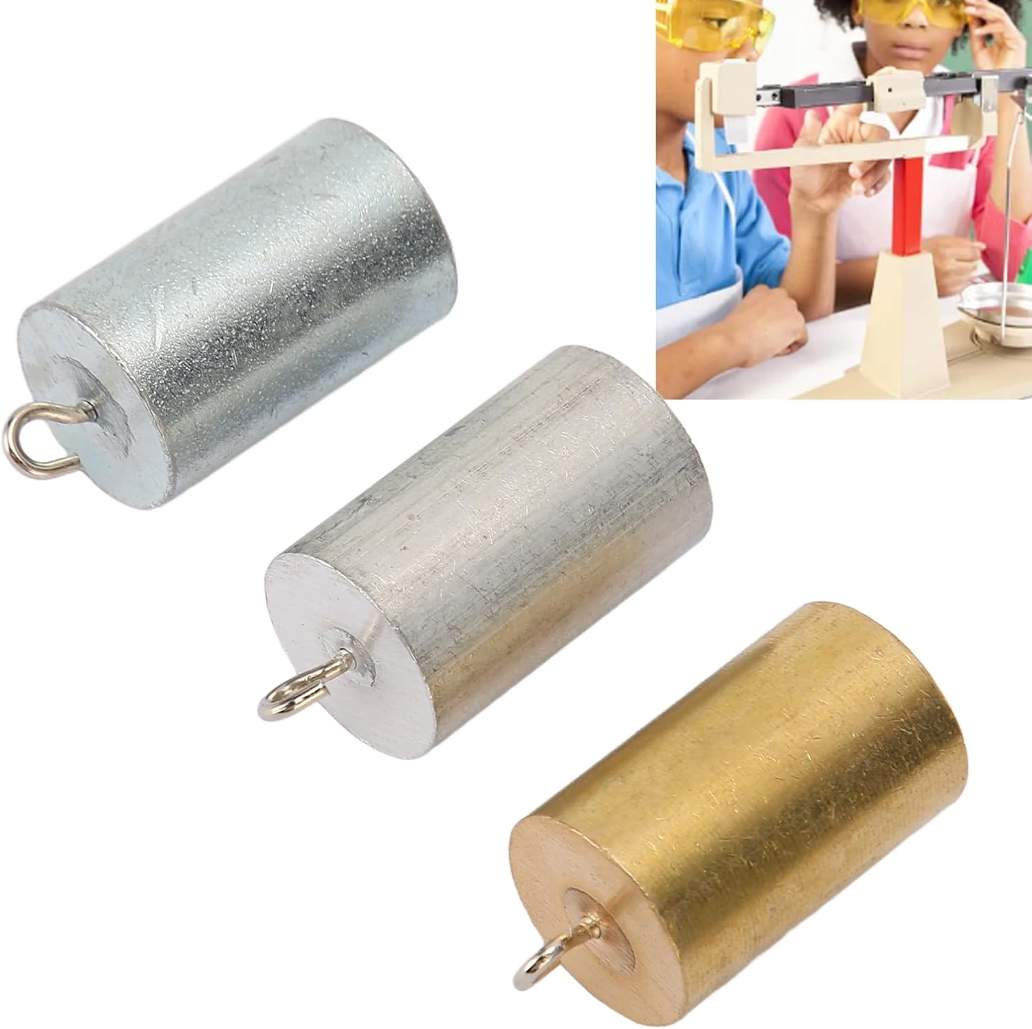 Metal Density Blocks, 3Pcs Copper Iron Aluminium Cylinder Style Metal Cylinders Set with Hooks for School Laboratory Education