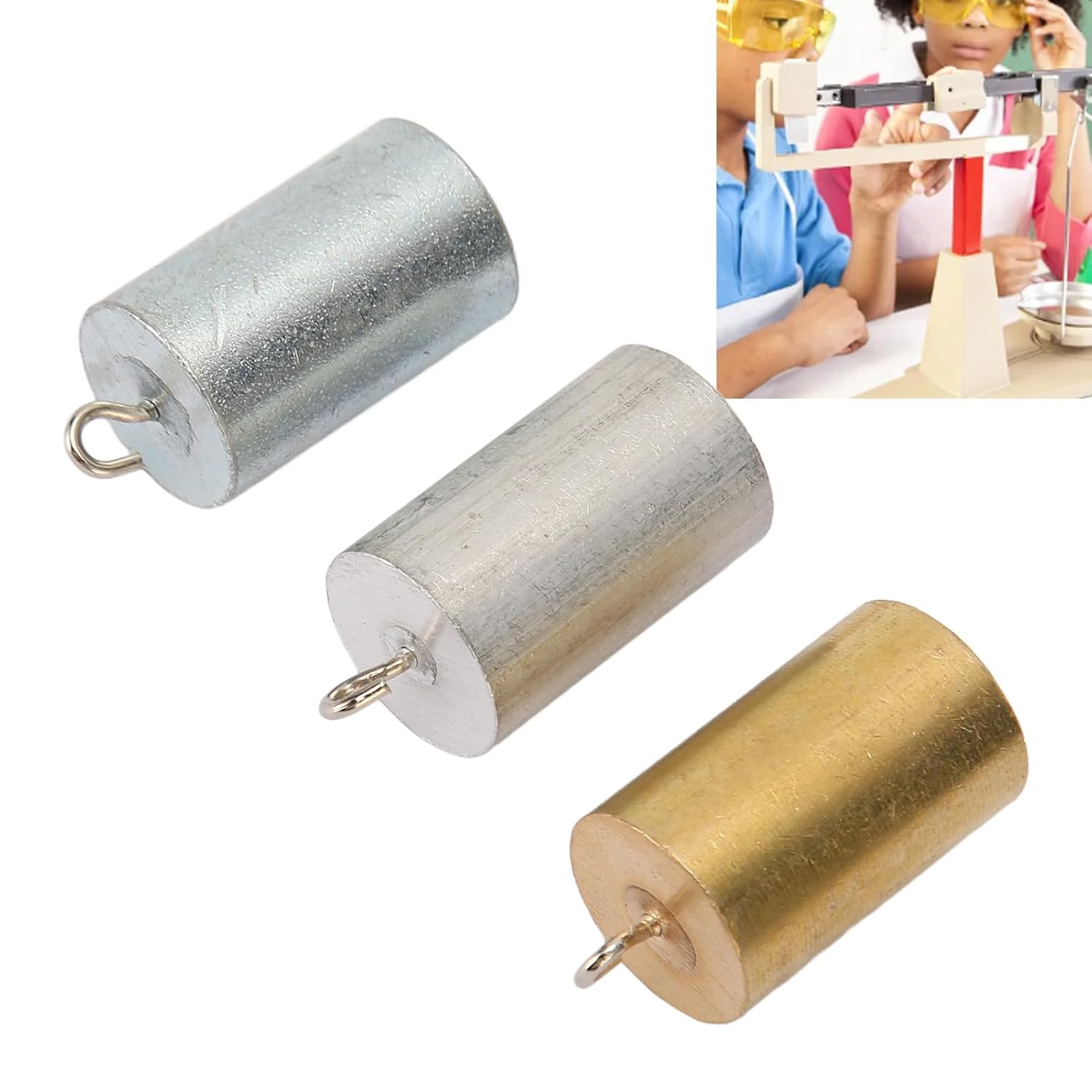 3Pcs Metal Density Blocks,Metal Block Cylinder Set with Hooks, Copper, Iron, Aluminum for Density Investigation, Specific Gravity,Collectible,Specific Heat Experiment