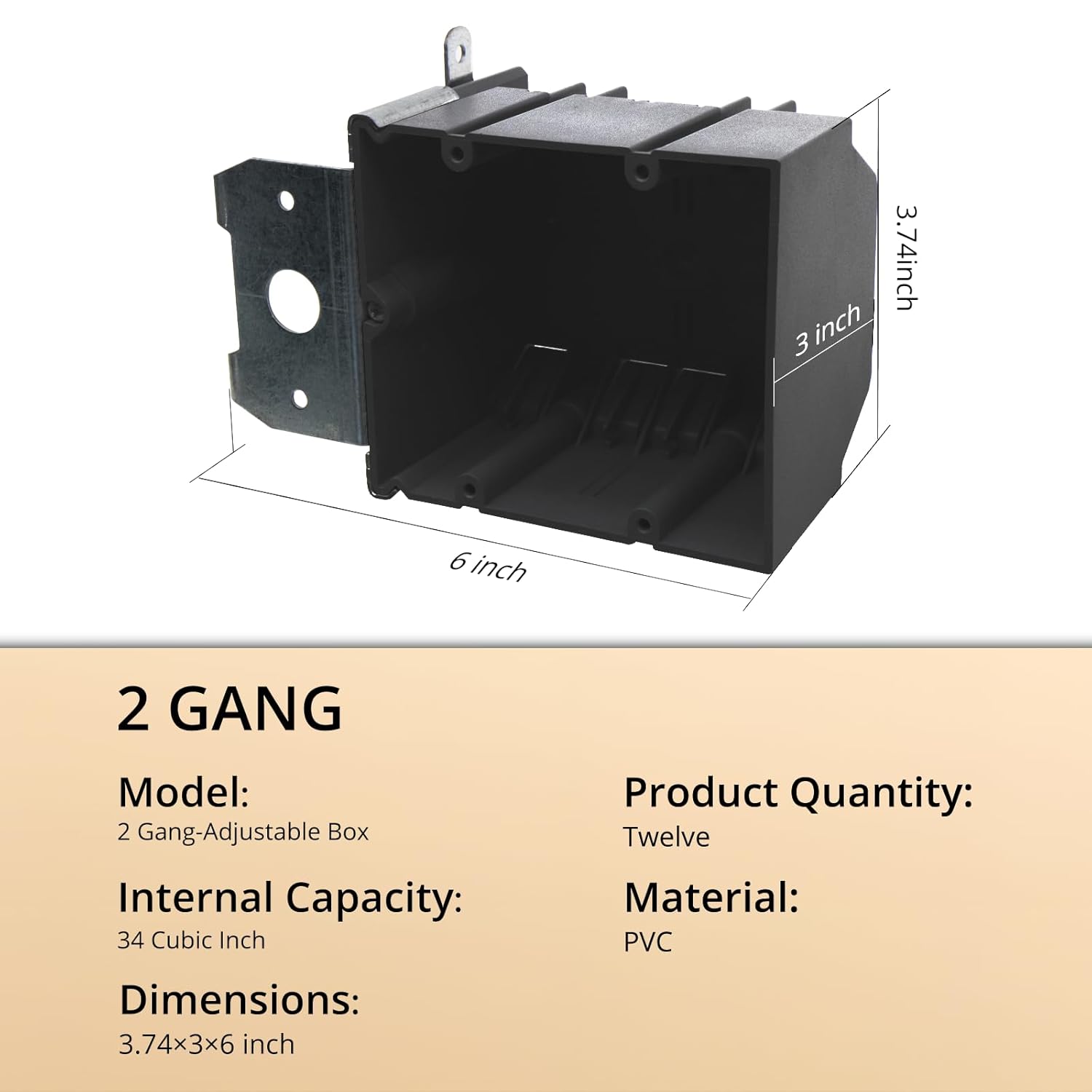 2 Gang Outlet Box Adjustable, 34 Cubic Inch Plastic Outlet Box, New Work Electrical Boxes for Home Renovation, ETL Listed, 6" D × 3" W × 3.74" H (Black,12-Pack)