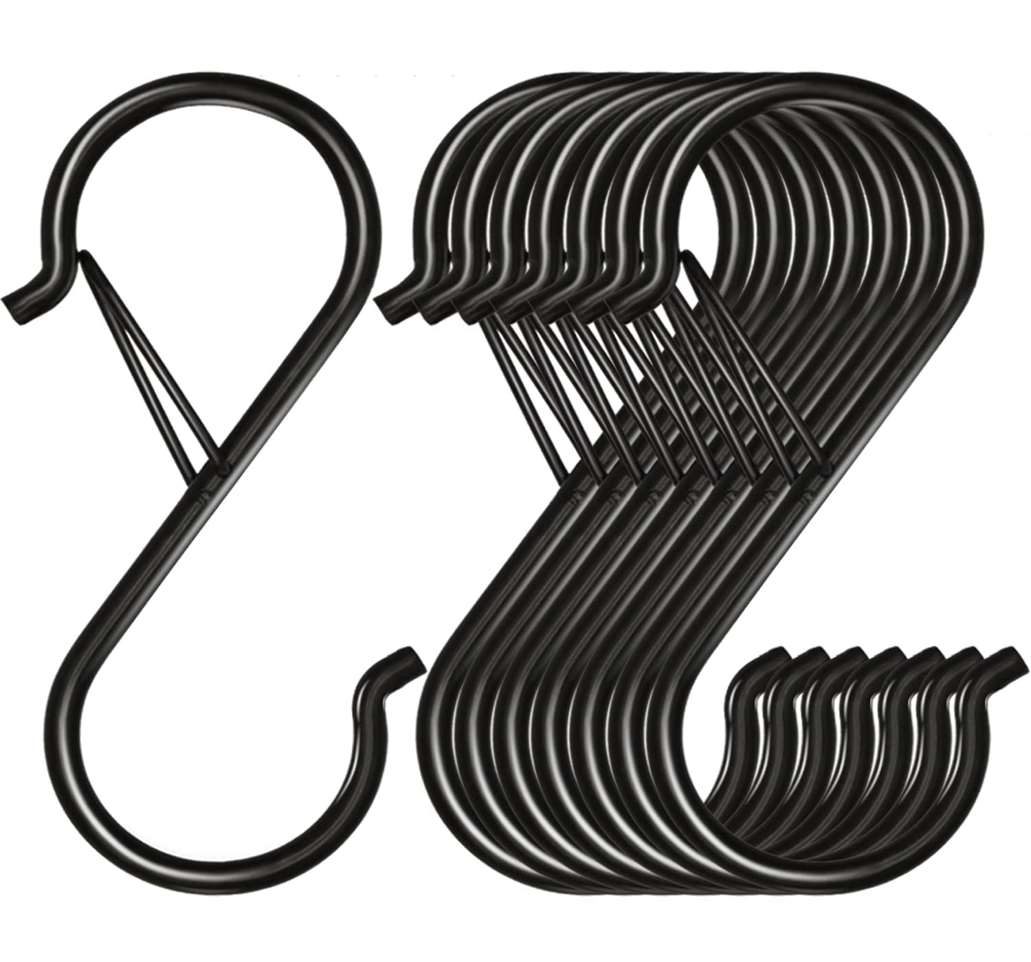 S Hooks for Hanging, Heavy Duty S Hooks with Safety Buckle S Shaped Hooks Kitchen Pot Rack Hooks Closet Hooks for Hanging Plants, Clothes, Kitchen Utensil, Pots and Pans, Bags (8 Pack, Black)