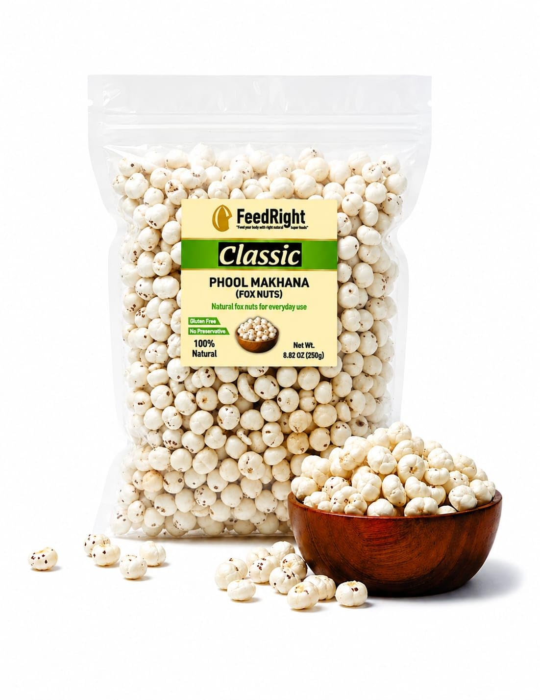 FeedRight Classic Medium standard size handpicked Phool Makhana (Fox Nuts), Lotus Seeds, 250g | Crunchy Makhana, Light Healthy Natural Snack | Rich in Calcium | Weight Management-image-28