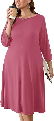 AusLook Plus Midi Dress for Women 3/4 Sleeves Crew Neck A Line Casual Elegant Loose Wedding Guest Vacation Dress with Pocket