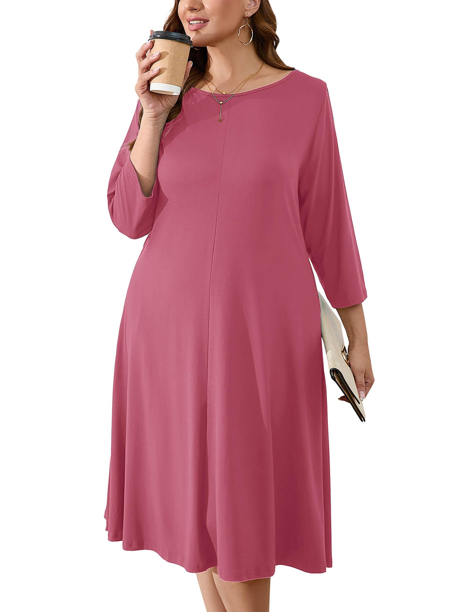AusLook Women's Plus Midi Dresses Crew Neck A Line 3/4 Sleeves Casual Elegant Loose Wedding Vacation Dress with Pockets
