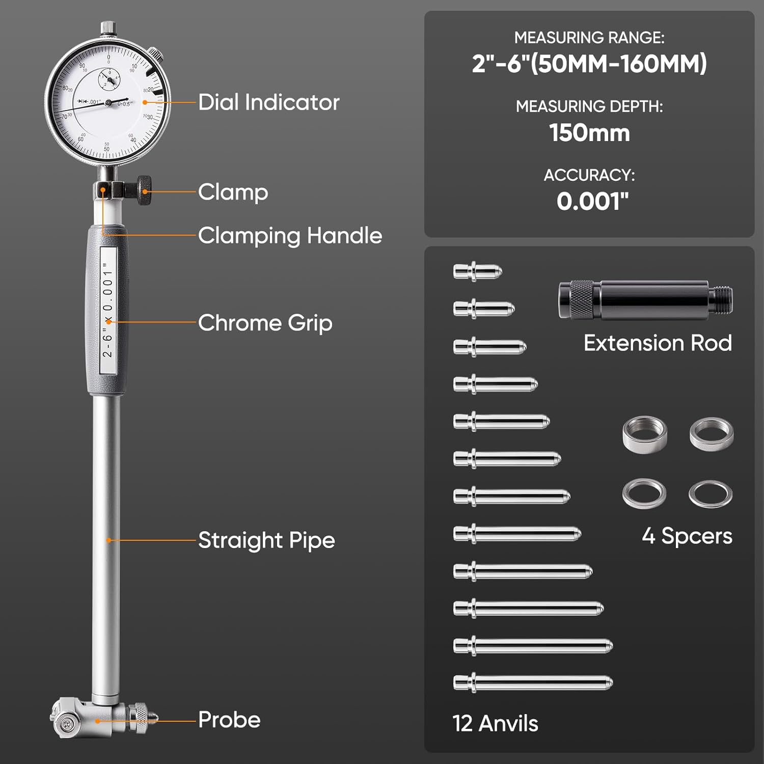 Dial Indicator Bore Gauge Set (2”–6” Range, 0.001” Accuracy), Engine Hole Cylinder Internal Diameter Measurement Gage, Precision Tool Kit for Automotive Machining Industrial Maintenance
