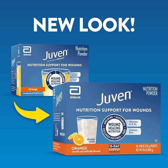 Juven Therapeutic Nutrition Drink Powder Including Collagen Peptides, Amino Acids, and HMB for Wound Healing Support, Orange, 30 Packets