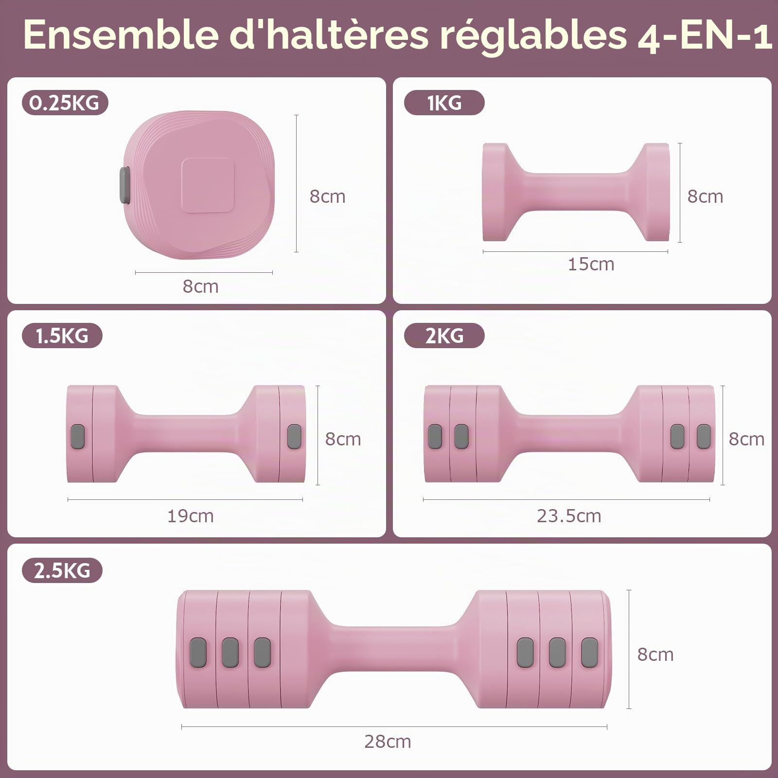 Lot de 2 haltères réglables 2 en 1 pour femmes et hommes, 4 niveaux de poids avec adaptateur kettlebell, haltères pour la maison