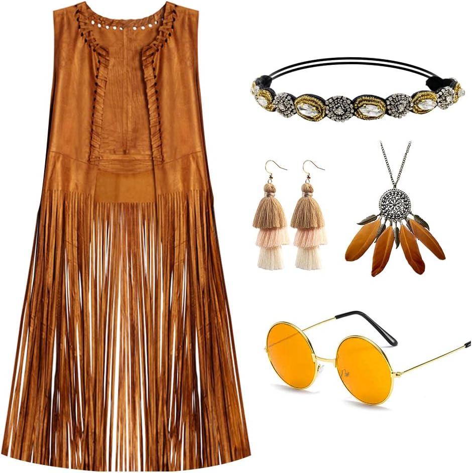 Women Hippie Costume Vest 70s Hippie Fringe Vest 6 Pieces Open-Front Suede Tassels Vest With Boho Necklace Ring