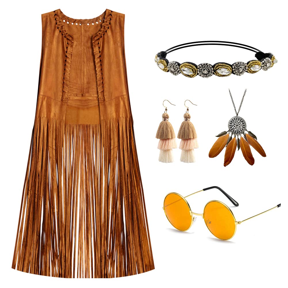 Women Hippie Costume Vest 70s Hippie Fringe Vest 6 Pieces Open-Front Suede Tassels Vest With Boho Necklace Ring