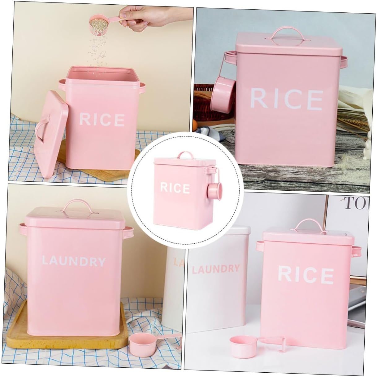 Pet Food Storage Container Airtight Sealed Steel Grain Bin with Measuring Cup Pink Moisture-proof Rice Storage for Cats and Dogs Household Use