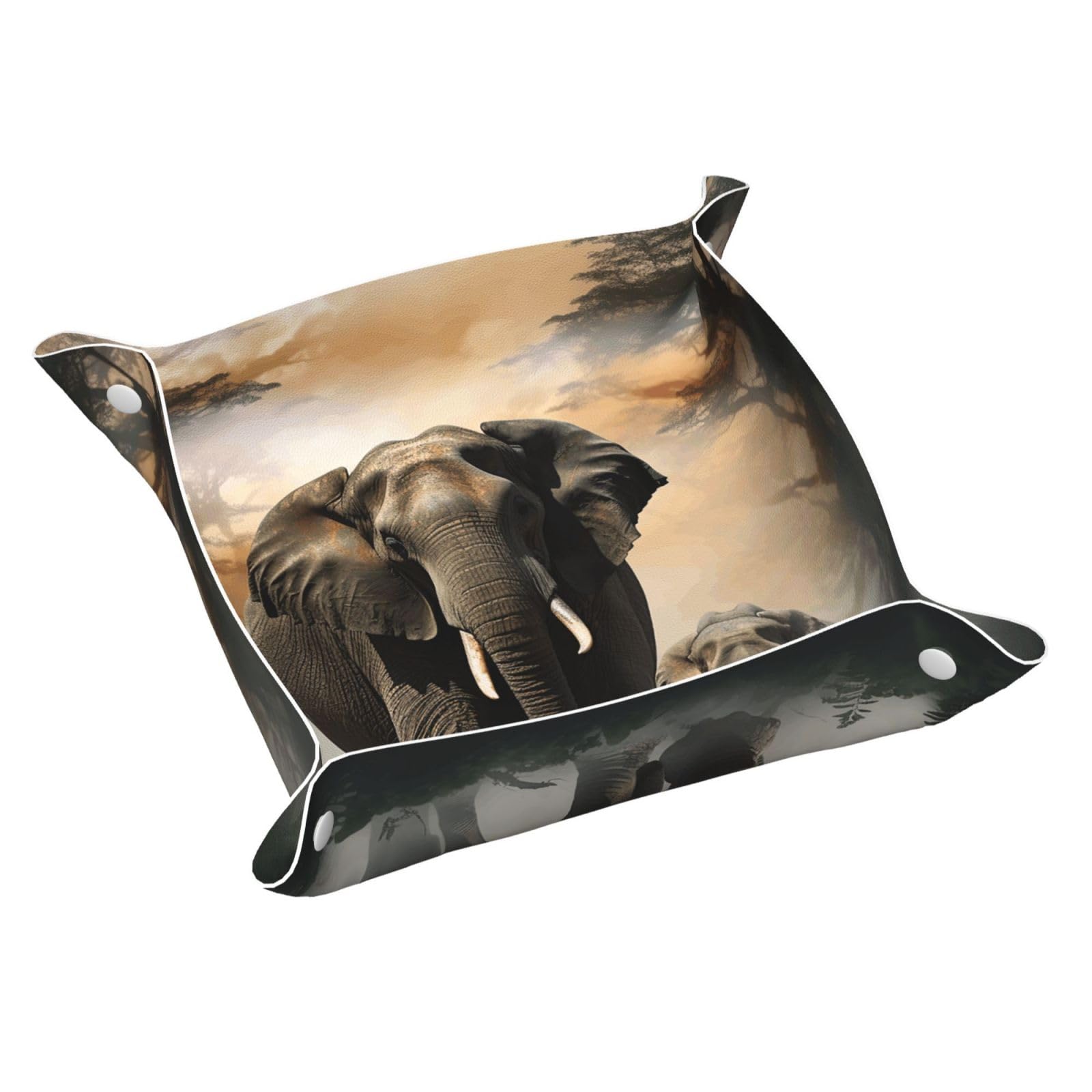 Small Valet Tray Desktop Storage Organizer, Pu Leather Catchall Bedside Vanity Tray Elephant in The Fog Nightstand Caddy Holder for Remote Controller, Keys,Coin, Jewelry