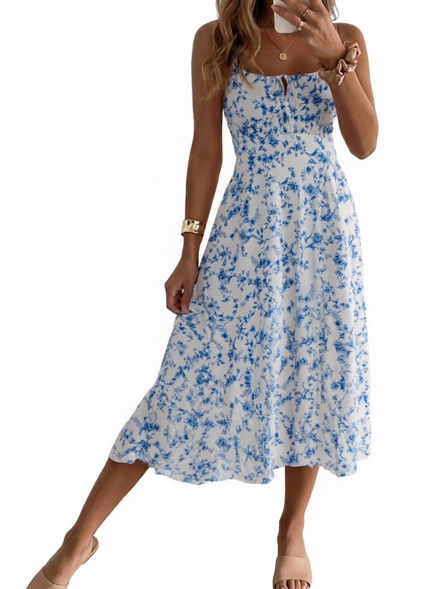 Cicy Bell Damen Sommerkleid Blumenmuster Maxikleid Ärmellos Strandkleid Elegant Taillert Kleider Spaghetti Trägerkleid