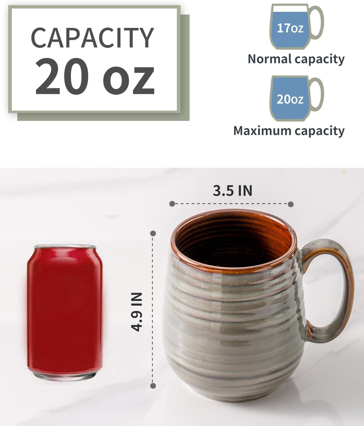 HASENSE Coffee Mug, 20 oz Large Ceramic Latte Cup with Big Handle, Pottery Tea Cup for for Office and Home, Oversized Mug Gift for Dad and Mom, Dishwasher & Microwave Safe, 1 PCS(Grey) - Image 6