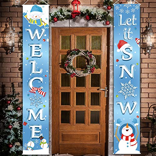 Christmas Decoration Let it Snow Porch Sign Welcome Winter Snowflake Front Door Decorative Porch Sign Christmas Banner Hanging for Winter Party Decoration Xmas Snow Party(Light Blue)