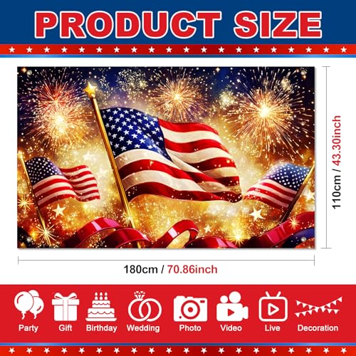 Image of BlissYard 4th of July Banner 71 x 43 Inches Large Patriotic Backdrop American Flag Red White Blue Fireworks Decorations for Outdoor Yard Party,Independence Day Memorial Day Decorations