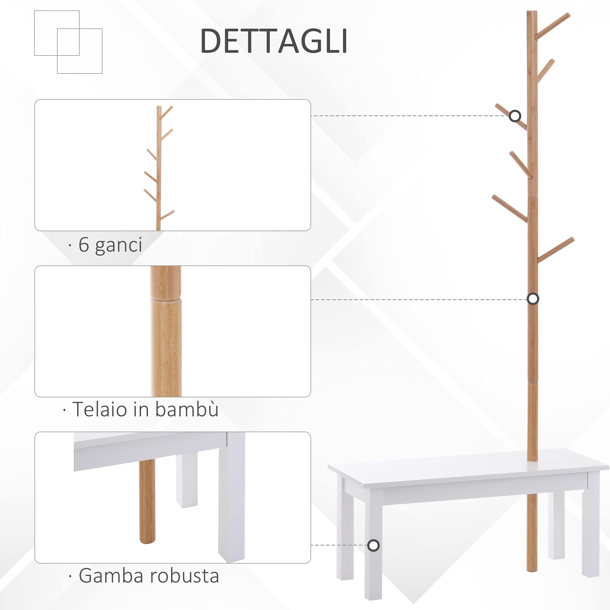 HOMCOM Panca con Appendiabiti da Ingresso, Attaccapanni da Terra in Bambù, Panca da Ingresso Bianca, Design, anche per Camera da Letto, 80x30x180cm, Bianco Legno