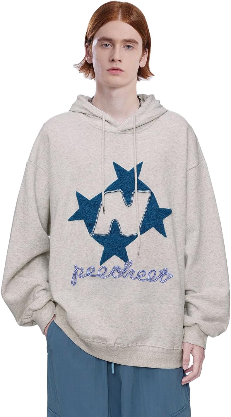 Vamtac Graphic Hoodies for Men Y2K Grey Hoodie Oversized Star Embroidered Hoodies Casual Vintage Pullover
